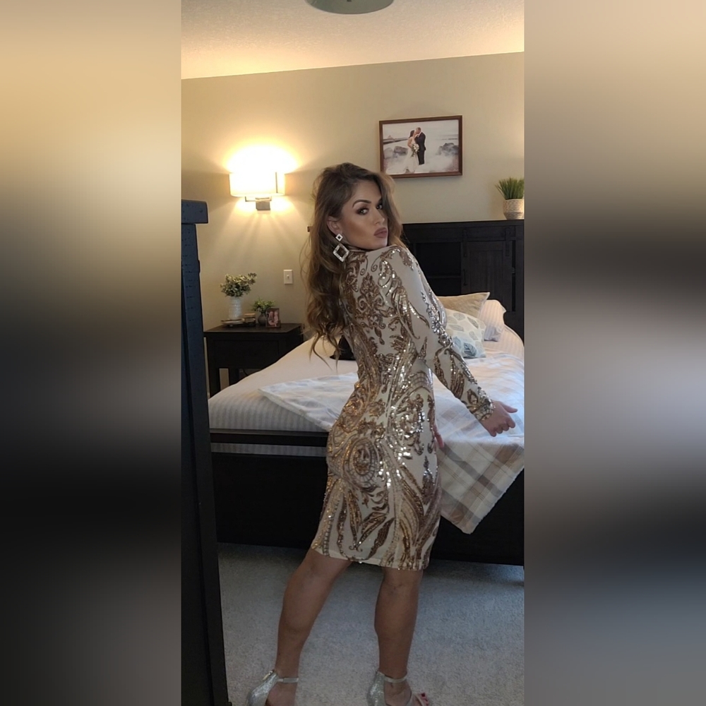 Medium Fashion Nova Sparkle Dress, cream in color.